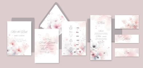 Watercolor wedding invitation template set with romantic floral flowers.