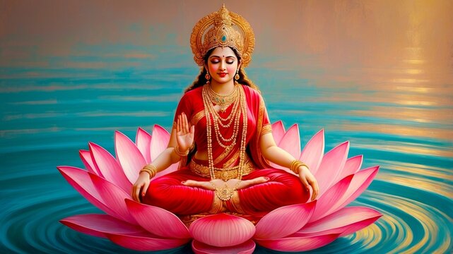 indian goddess laxmi sitting on lotus on water