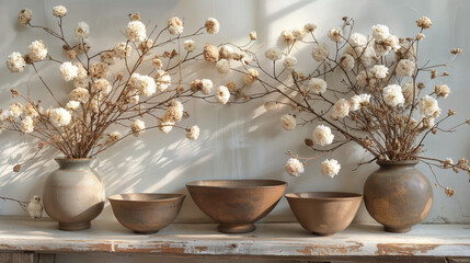 Bowls sit on a white shelf with some vases of flowers rests. Still life. Dappled sunlight in the fall. Cozy atmosphere.