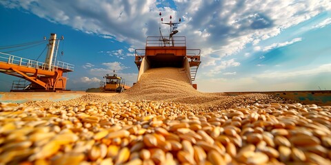 A large pile of grain is being unloaded from a ship. The grain is piled high and is spread out across the ground. The scene is calm and peaceful, with the grain being unloaded in a controlled manner