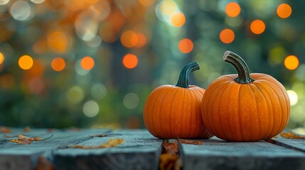 Orange Autumn: Pumpkins on Wooden Table with Bokeh Background