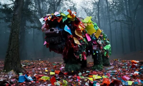 city, street, giant, monster, resembling, lion, monkey, face, made of, candy, trash debris, sweets, fall off, body, creature's, grotesque, colorful, disturbing, blending whimsical, elements, horror. 