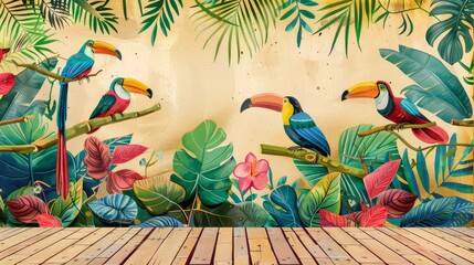 Obraz premium a bamboo floor and a wall decorated with colorful tropical birds and foliage. 
