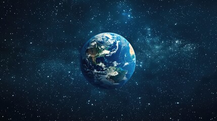 Naklejka premium Planet Earth in space surrounded by stars on dark background Science ecology environment conservation World Earth Day idea with room for text