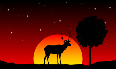 Deer Silhouette In Savannah Illustration Vector. Savannah Landscape Sunset.