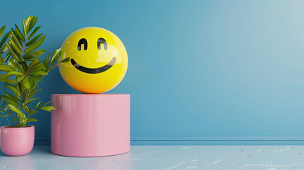 World Emoji Day Concept. Yellow face emoji is smiling on the podium against a blue wall background. Joyful Mood. World smile day emojis. World mental health day. World Laughter Day. Copy space area