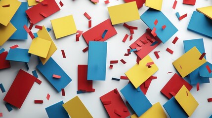 A scattering of red, blue, and yellow rectangles, colliding and overlapping on a crisp white  