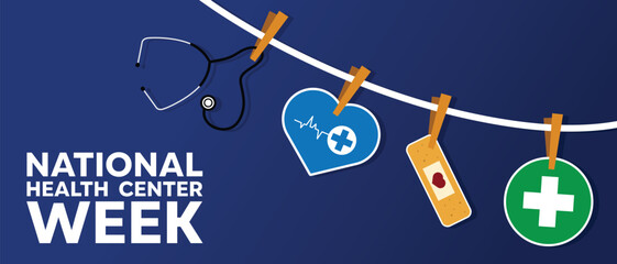 National Health Center Week. Stethoscope, heartbeat, band aids and plus icon. Suitable for cards, banners, posters, social media and more. Blue background.