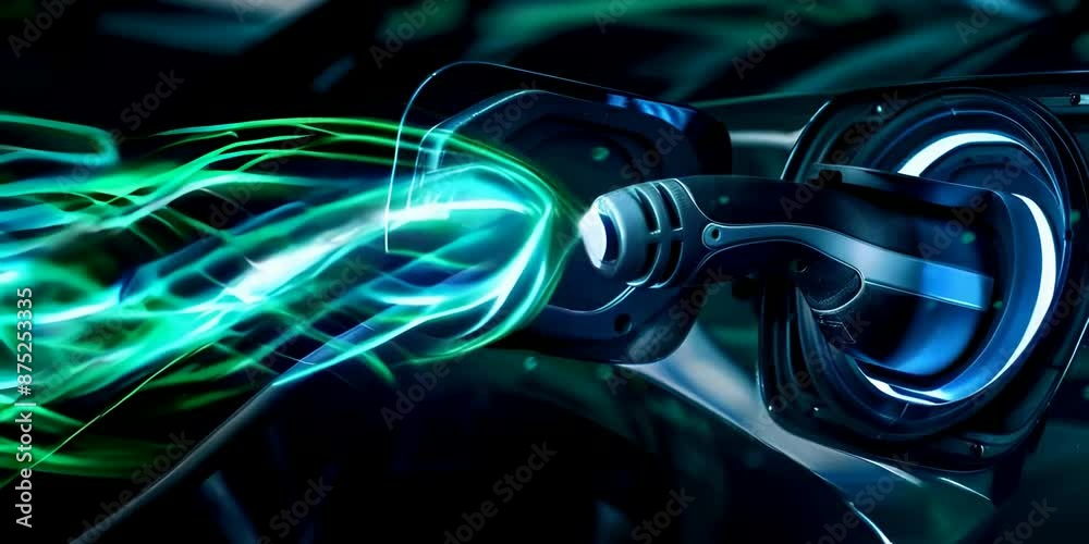 Wall mural Abstract blue energy waves flowing on an electric vehicle charging port showing technology and green energy concepts