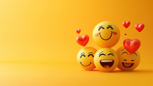 Naklejki World Emoji Day Concept. 3d smiling emoticon or Smiley yellow ball emoji on yellow background. Funny emojis. World smile day emojis. World mental health day. World Laughter Day. Copy space for text