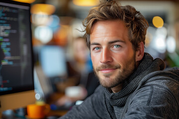 A male web developer at work in a modern office