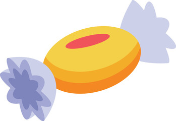 Yellow round candy with a red center wrapped in blue paper is lying on a white background
