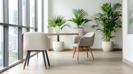 A modern office space with large windows and lush green plants, creating a serene and inviting atmosphere.