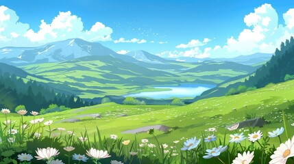  Beautiful green valley with a lake and mountain, in the style of cartoon or anime, blue sky, white clouds, sunny day, bright colors, grassy field full of flowers, rocks. Background generated AI