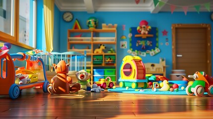 Hyper realistic playroom with colorful toys, kindergarten, Canon EOS style, super resolution.