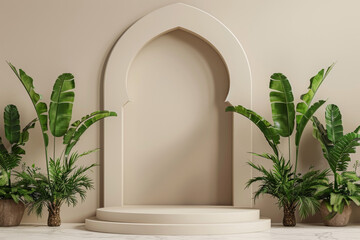 3d render podium with islamic arches and decoration