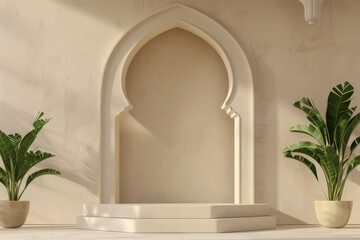 3d render podium with islamic arches and decoration