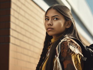 Portrait of native american girl, with a backpack, standing near the school
