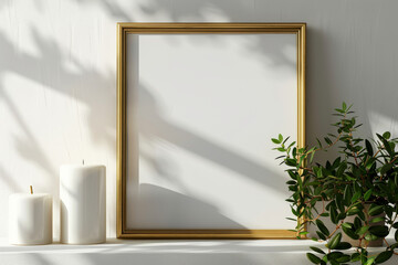 White frame, gold decor sides, blank white wall, brass frame, candles, plants
