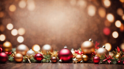 A festive Christmas scene with a variety of Christmas ornaments in red, gold, silver, and white, arranged on a wooden table