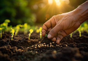 Fototapeta premium Close-up of hands planting a seedling in soil, spring background. Earth Day concept.