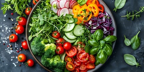 Plate showcasing a mix of vegetables and herbs for a flexitarian diet. Concept Flexitarian Diet, Plant-Based Plate, Fresh Vegetables, Healthy Eating
