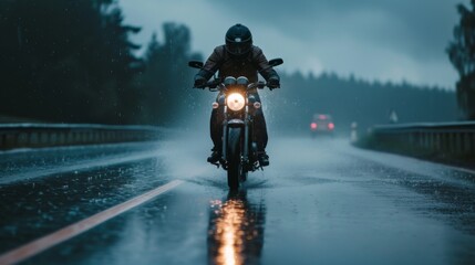 Man riding a motorcycle on highway during a rain  © ArtBox