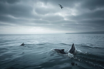 Fototapeta premium Whale swimming in the sea off Norway's coast.