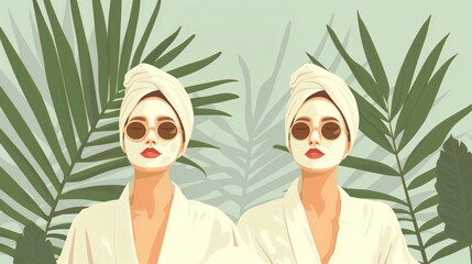 Retro Spa Day Illustration Featuring Two Twins Women in Face Masks and Turbans with Tropical Palm Leaves Background, Wellness or Cosmetic Design Themes, Summer Relaxation Concepts, Sisters Day.