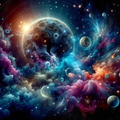 Discover the mesmerizing beauty of deep space with this stunning image featuring the moon and solar system. Enhanced with smoke effects, sparkles, glitter, and a vibrant array of colors, this tattoo-i