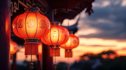 Naklejka premium Glowing traditional Chinese red lanterns adorned with symbols of love, beautifully illuminated against a sunset sky. Ideal for festive, cultural, and romantic themes.