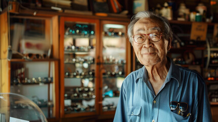 Elderly man is surrounded by a collection of vintage eyewear in an optical shop