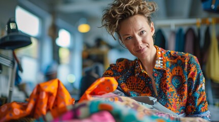 Obraz premium Artistic sewing techniques Creative Fabric Artist Creative fabric artist in a colorful environment, passionately crafting unique fabric designs, showcasing fabric artistry at its finest.