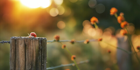 Snail on a wooden post in a sunlit garden with flowers in the background, representing slow and steady progress