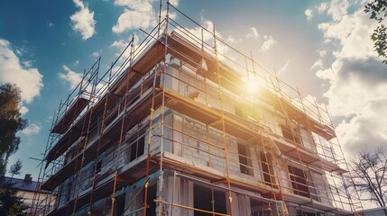 Modern House Under Construction with Scaffolding and Building Process