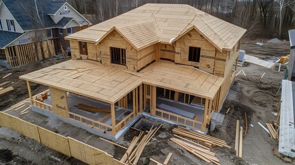 Obraz premium House Under Construction with Roof Being Installed on a Sunny Day