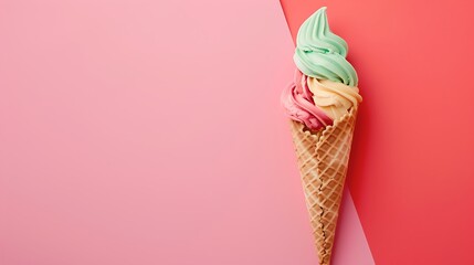Colorful ice cream in waffle cone rotating isolated on pink and red background