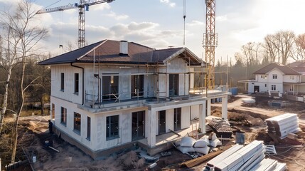 Ongoing Two-Story House Construction with Cranes in Urban Residential Development