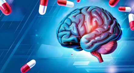 A human brain with floating pills and DNA strands representing neurology and healthcare - Powered by Adobe