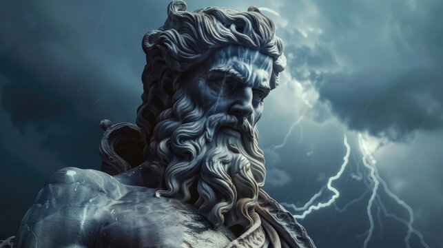 Mythical Greek god depicted in a dramatic sky, embodying strength and wisdom