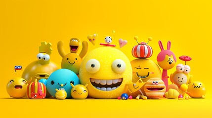 emoji with smiley face large group of objects yellow background