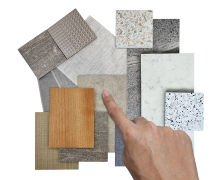 interior architect selects material samples including marble stone, wooden veneer, fabric swatch, cement and graphic tiles, terrazo, vinyl flooring tile isolated on background with clipping path. 