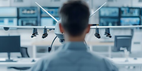 Engineer tests military drone in lab showcasing AI innovation in defense tech. Concept Engineering, Military Drones, AI Innovation, Defense Technology, Lab Testing