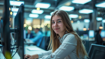 A young woman, an IT specialist, works in a modern office environment, smiling confidently as she sits at her desk with multiple computer monitors around her