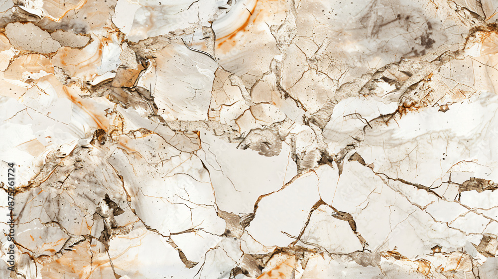 Aufkleber Marble surface with random crack patterns forming abstract shapes on a white and beige background