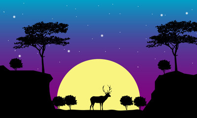 Fototapeta premium Deer Silhouette In Savannah Illustration Vector. Savannah Landscape Sunset.