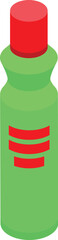 Green bottle with red cap standing on white background, packaging for liquid product