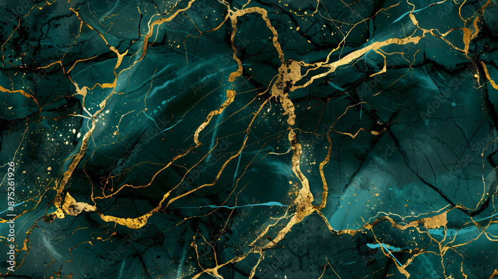 Poster luxurious and elegant abstract background with golden veins on a deep green backdrop