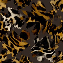 Abstract Hand Drawing Poppy Pansy Exotic Flowers and Leaves with Watercolor Tie Dye Leopard Skin Texture Seamless Pattern Isolated Background