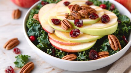 A bowl of massaged kale leaves topped with thinly sliced apples, dried cranberries, and toasted pecans, dressed with apple cider vinegar and a touch of maple syrup